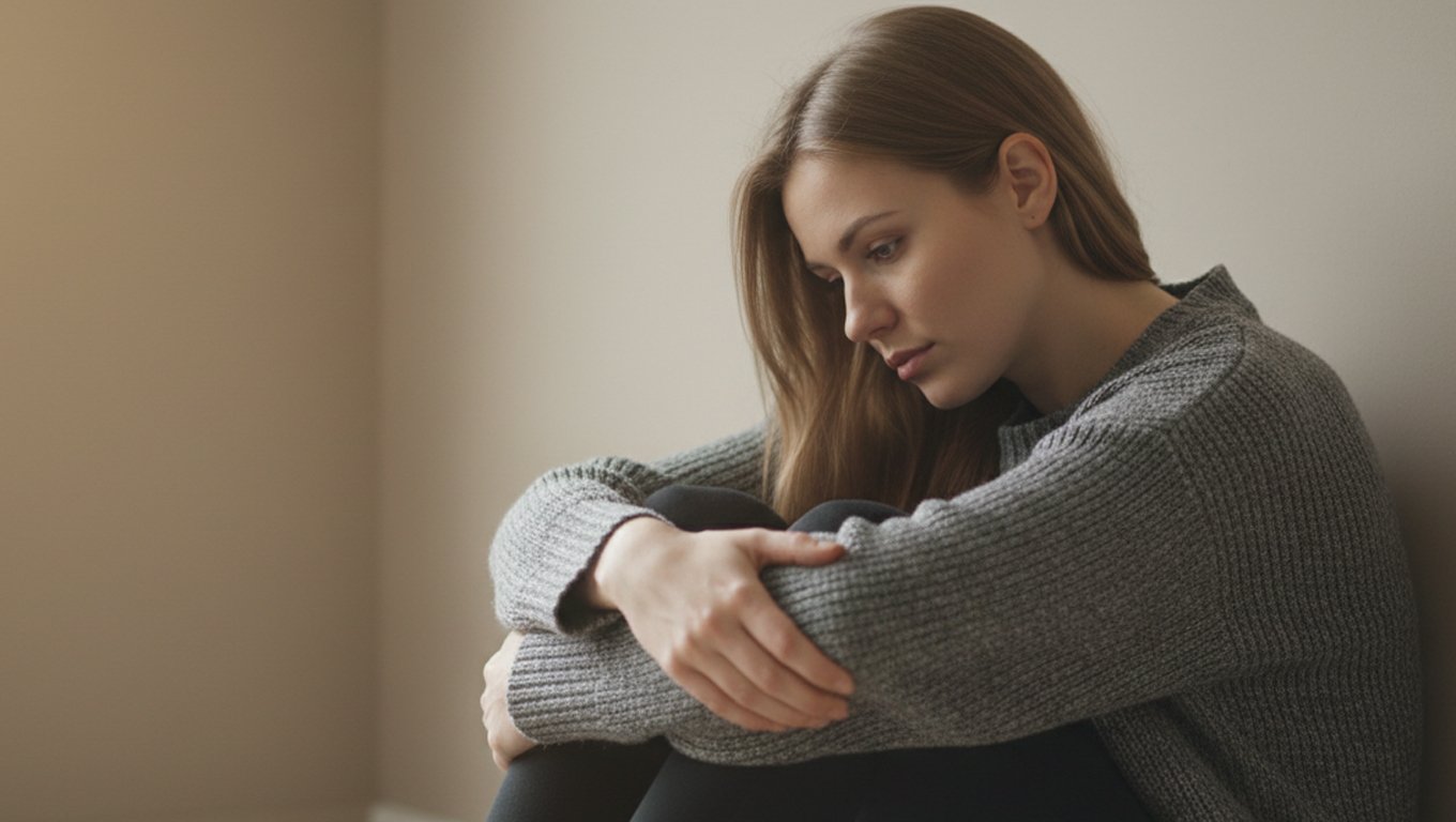 Обняв колени руками, девушка сидит на полу